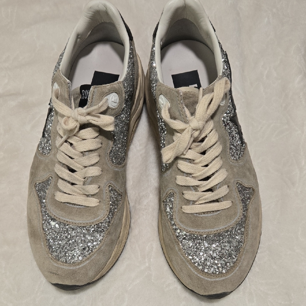 Golden Goose Running Sole sneakers in silver glitter and dove gray suede. 